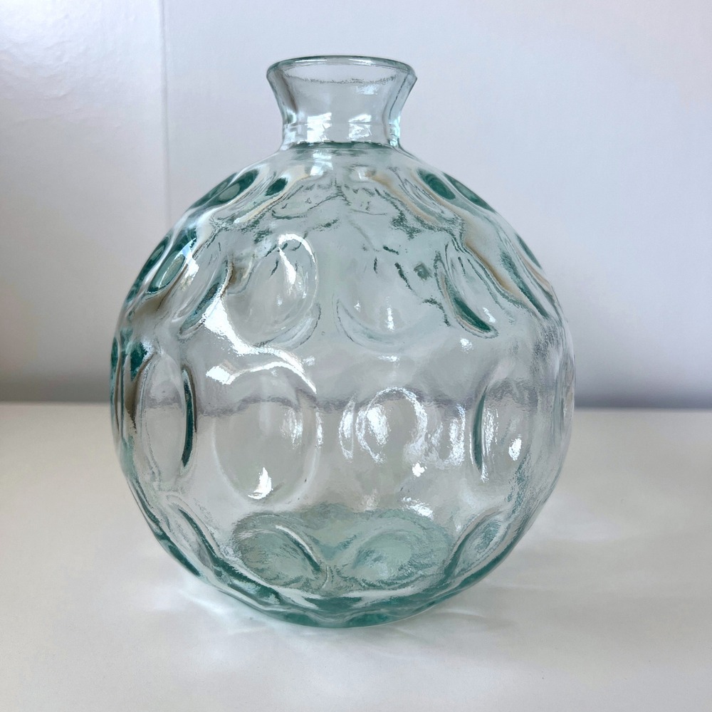 Vintage Aqua Bubble Glass Vase Round Optic Dot Bud Vase Hand Blown Style 7"